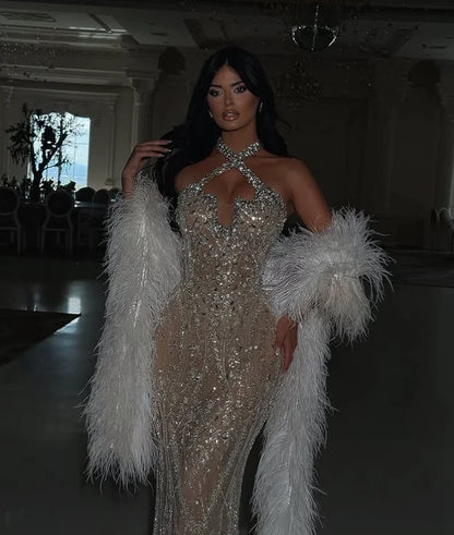 Nude Halter Neck Mermaid Evening Gown Rhinestone Beading Detachable White Feather Shawl Formal Party Dress Customized vestidos