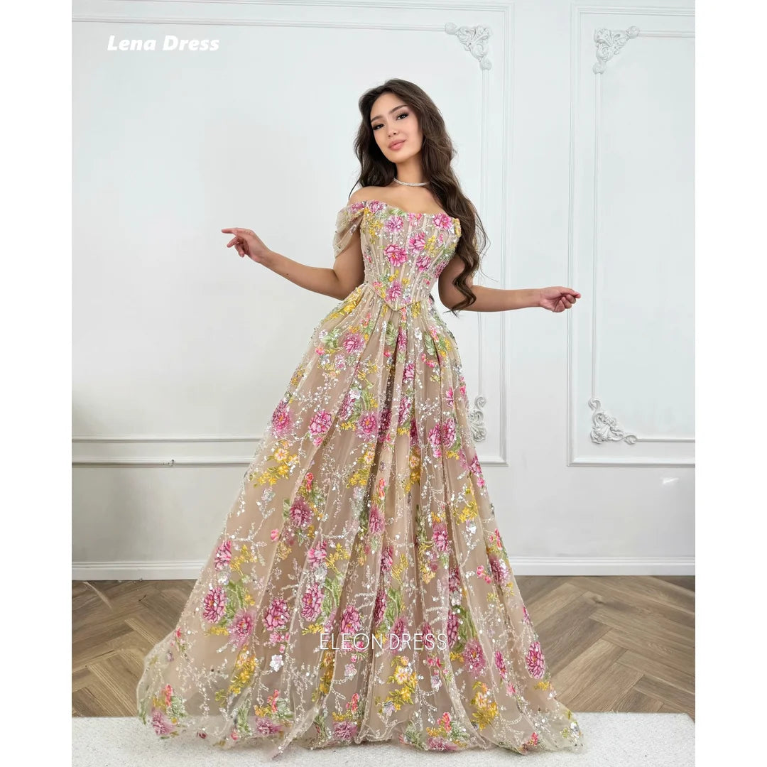 Lena Evening Dresses Woman Elegant Woman Dress Floral Lace Short Sleeved Customized A-line Luxury Women's Elegant Party Dress