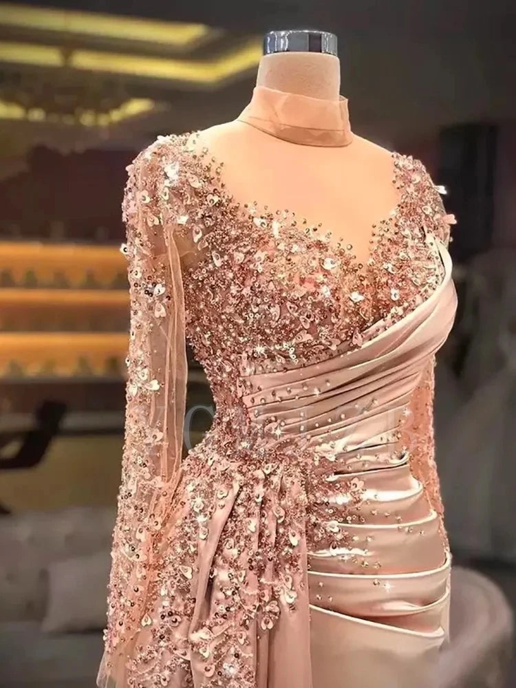 Sequened Beaded Long Evening Dresses 2026 Luxury Mermaid Full Sleeves Formal Prom Dance Party Gown Special Occasions Customized