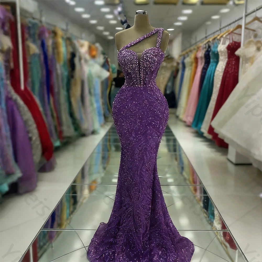 Customized Exquisite Evening Dresses Gorgeous Dazzling One Shoulder Backless Fishtail Gown Beading Long Dress Formal Party Gowns