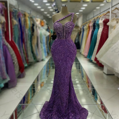 Customized Exquisite Evening Dresses Gorgeous Dazzling One Shoulder Backless Fishtail Gown Beading Long Dress Formal Party Gowns