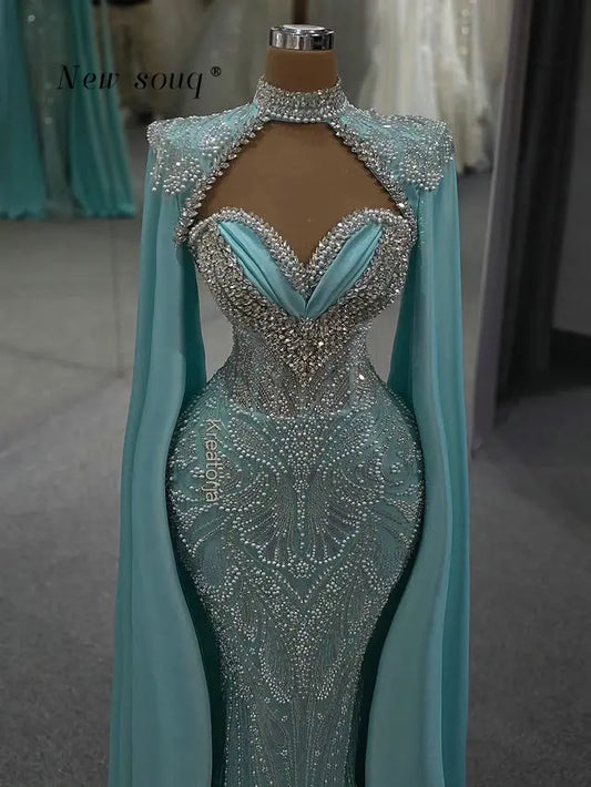 Lake Blue Sweetheart Neck Mermaid Prom Dresses with Cape Long Sleeve Customized Formal Crystals Beaded Wedding Evening Gala Gown