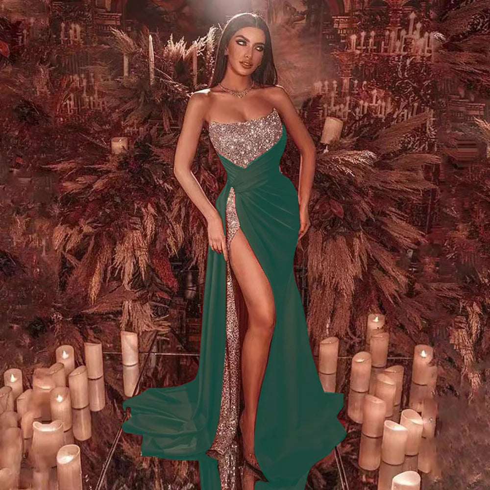 Women’s Luxury Sequins Evening Dress Sexy Off-Shoulder Tube Top Sleeveless Patchwork High Split Party Wedding Dresses Vestidos