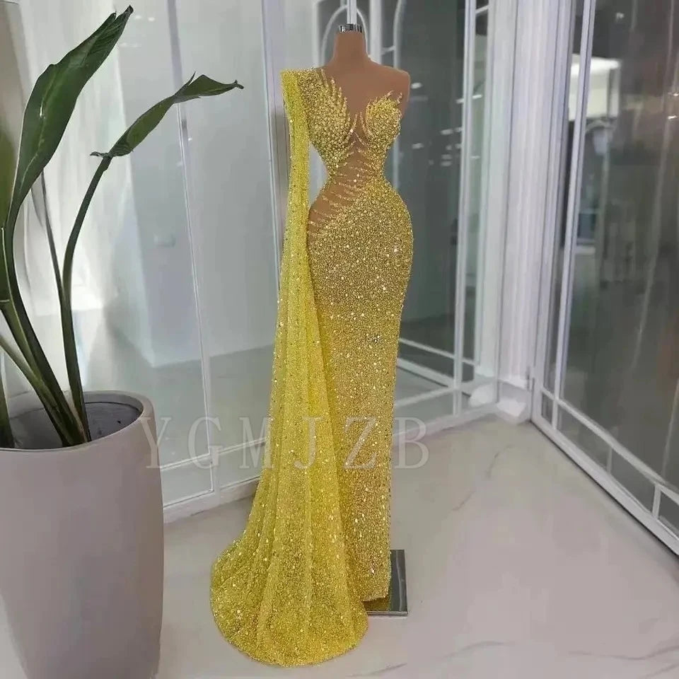 Yellow Long Dubai Evening Dresses Luxury Mermaid Beaded with Long Side Train Prom Party Gown for Special Occasions Customized