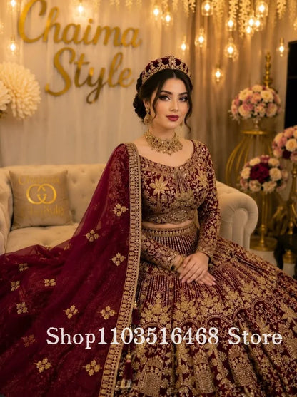 Gorgeous Burgundy Indian Sari Customized Traditional Pakistani Bridal Gown Ethnic Wedding Dress Evening Gown Formal Occasion2026