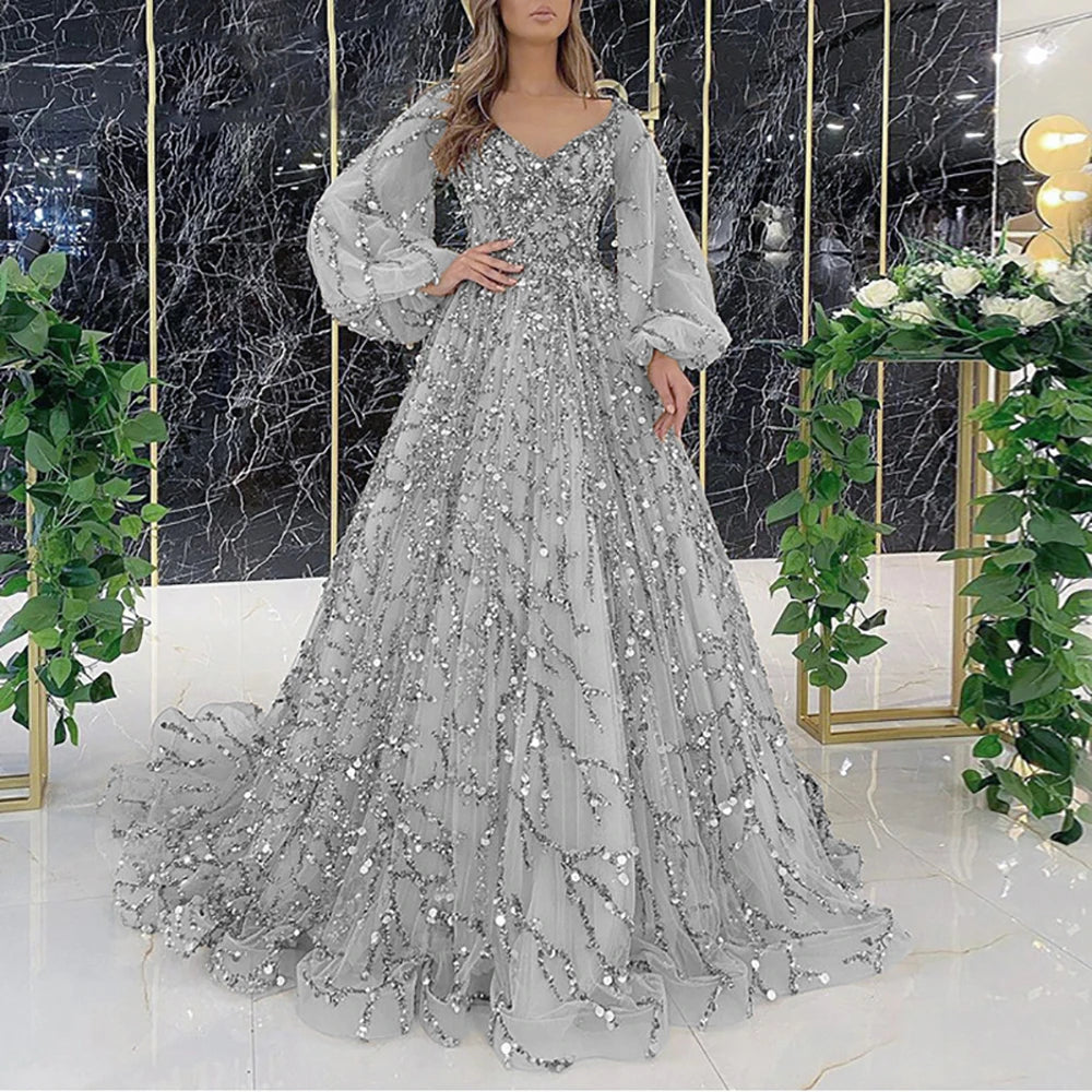 Women Luxurious Elegant Dress Solid Mesh Patchwork Puff Sleeve High Waist V-Neck Party Maxi Dress Lace Evening Prom Club Dresses