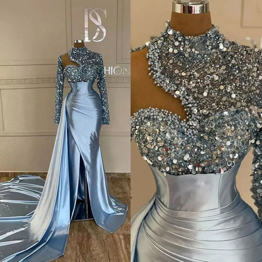 Shiny Sequined Mermaid Evening Dresses High Neck Shoulder Party Gown Hollowed Out Side Train Sleeve African robe Customized