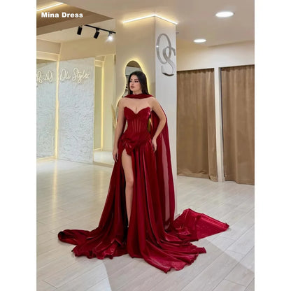 Mina Customized Red Elegant Party Dresses 2026 High Slit Luxury Party Dress Bow Tie Sleeveless Backless Shawl Prom Evening Women