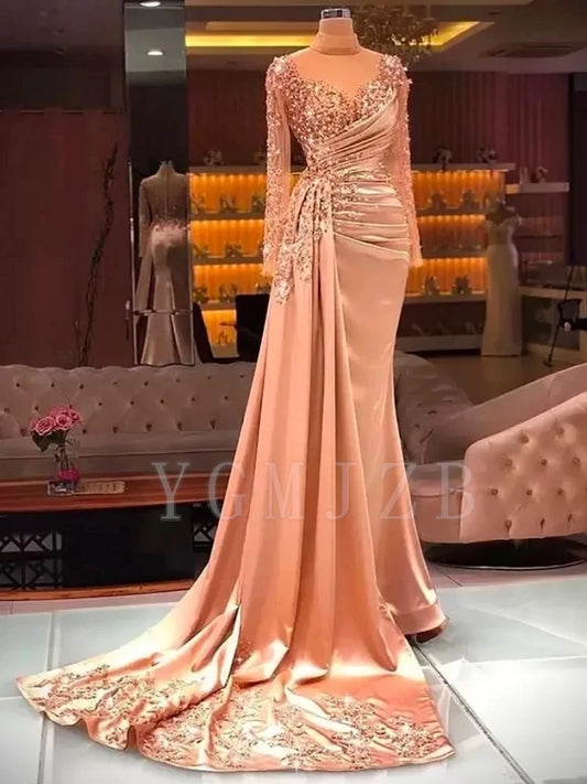 Sequened Beaded Long Evening Dresses 2026 Luxury Mermaid Full Sleeves Formal Prom Dance Party Gown Special Occasions Customized