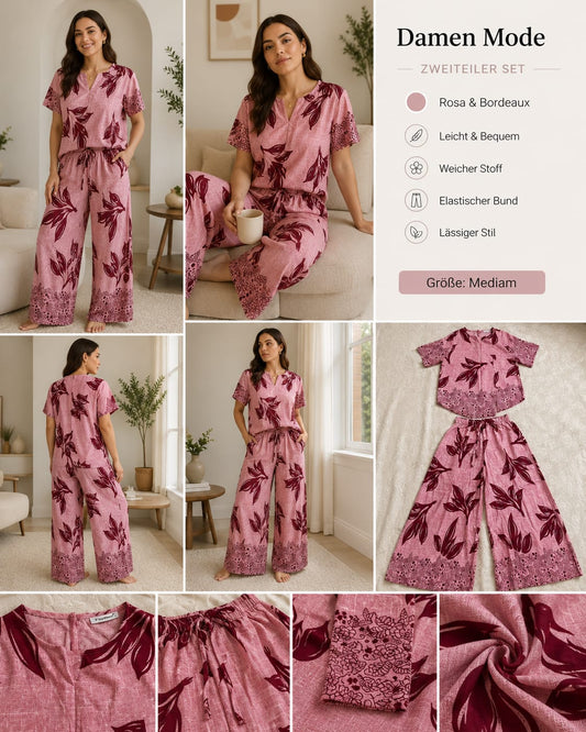 Damen-Zweiteiler in Bordeaux mit Blumenmuster | ست دو تکه زنانه زرشکی گل‌دار